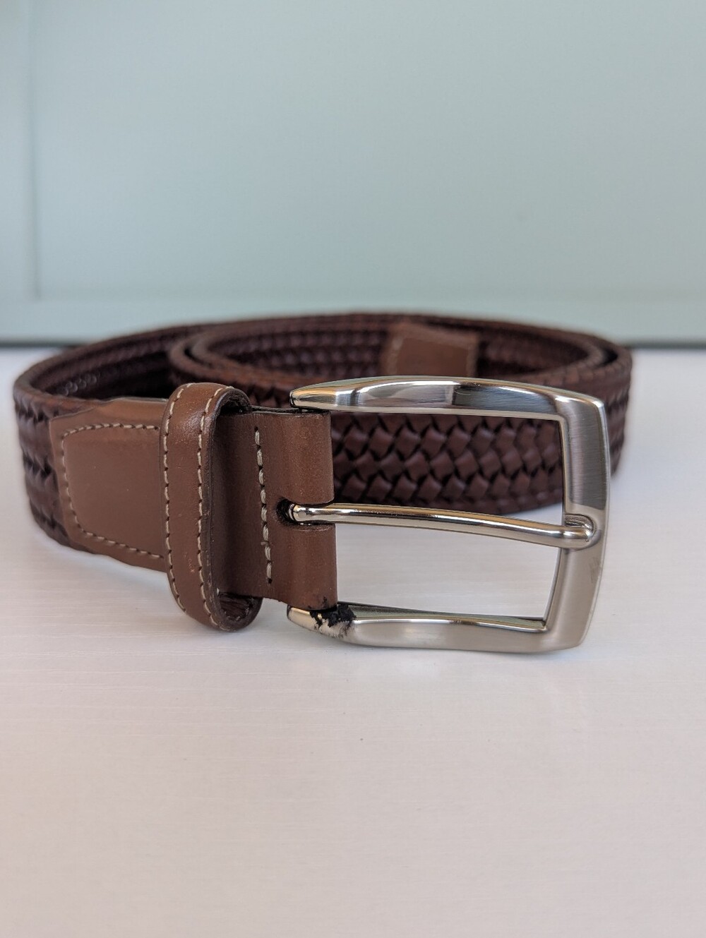 Men's Woven Brown Leather Belt with Polished Silver Buckle